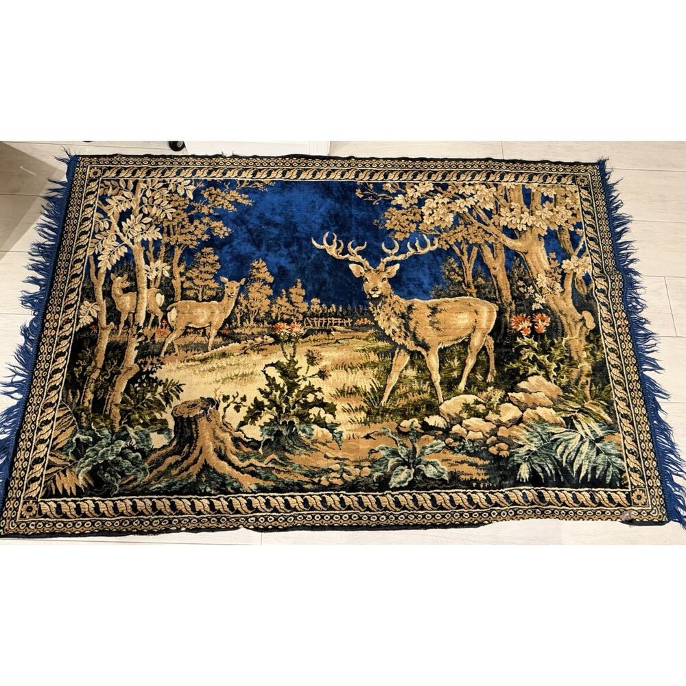 Vintage Velvet Forest Wood Scene Deer Blue Tapestry Wall Hanging